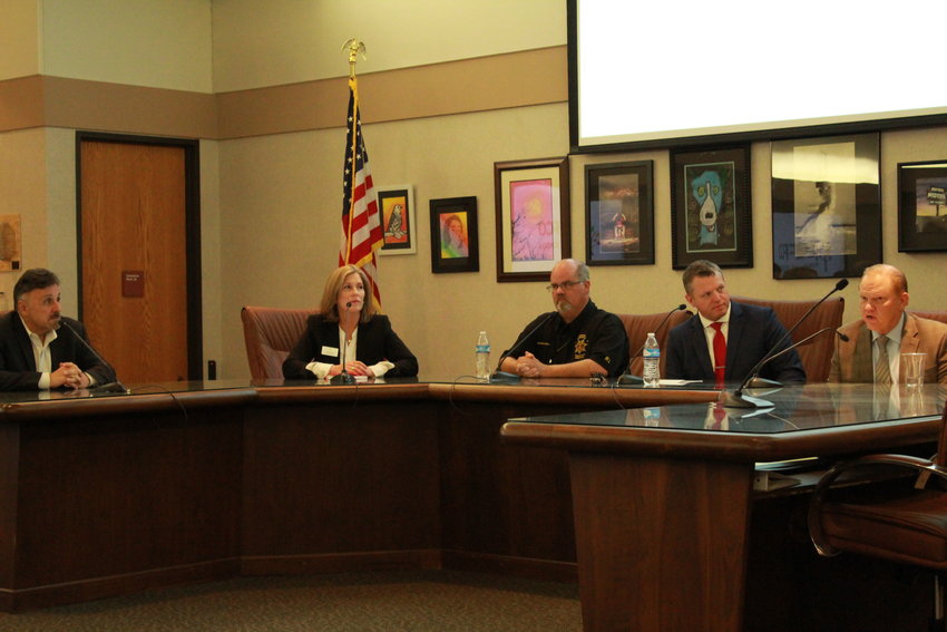 Frank DeAngelis, former Columbine High School principal Tammy Schiff, Jeffco Public Schools chief communications officer, John McDonald, director of safety and security for Jeffco Public Schools, Jason Glass, Jeffco Public Schools superintendent and Jeff Shrader, a Jeffco sheriff, field questions from the media about Sol Pais.